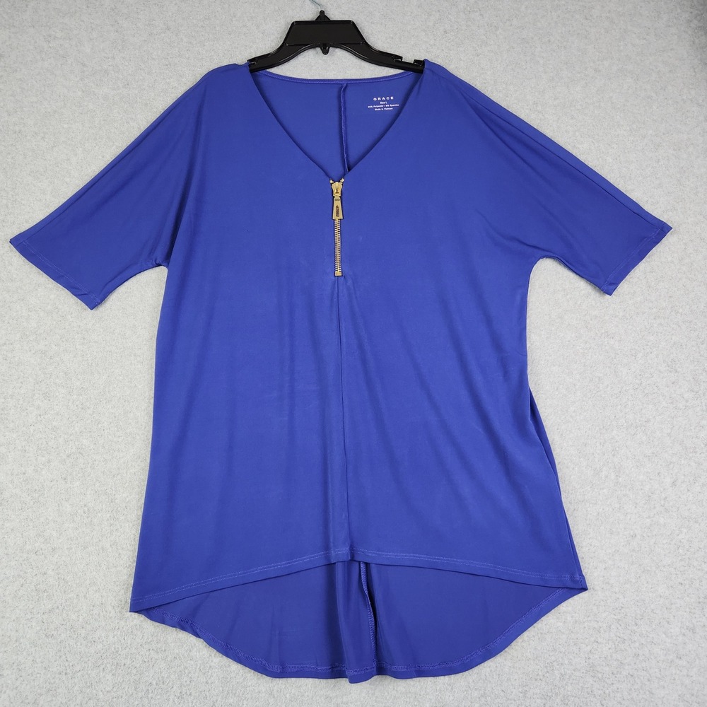 Grace Tunic Top Womens L Blue Short Sleeve Relaxed Fit 1/4 Zip V-Neck High-Low